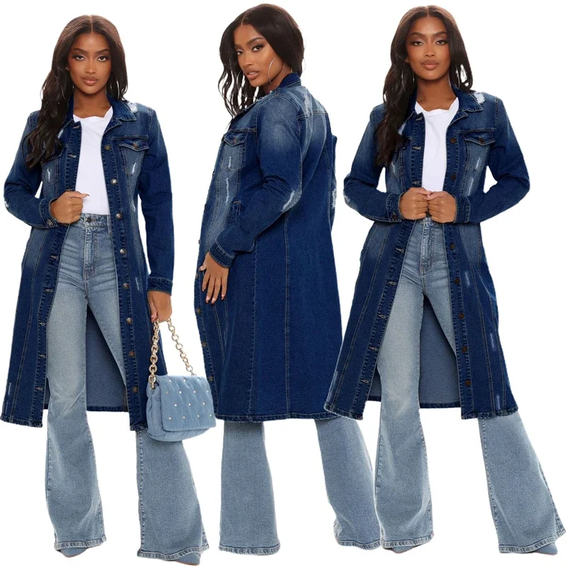 Nuovo arrivo moda foro cotone autunno inverno giacca di jeans lunga 2023 trench cardigan jeans mantello donna manica lunga Jean cappotto