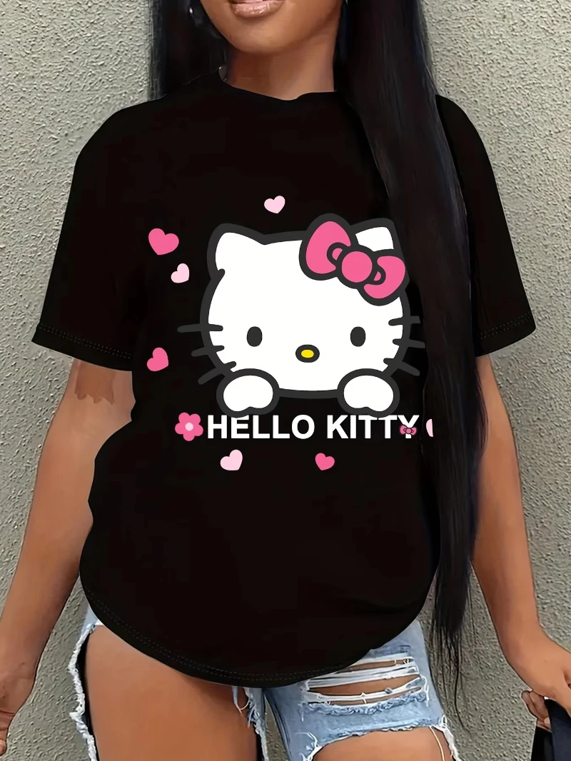 

MINISO Cute Hello Kitty and heart print short-sleeved T-shirt casual and versatile style suitable for women's daily wear 2025 T