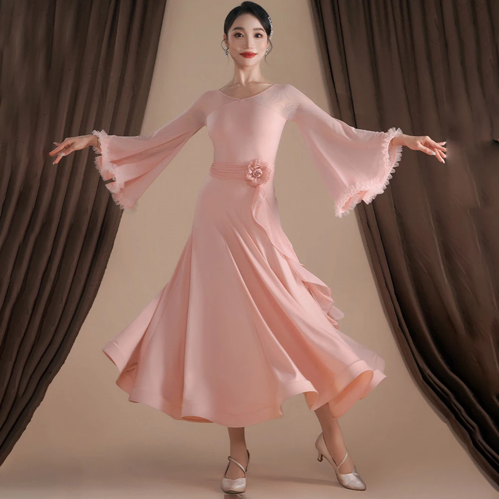 Elegant Waltz Women's Dance Wear Three-Dimensional Flower Ballroom Dance Training Wear Long Sleeve Pink Black Fashion New Dress view 2