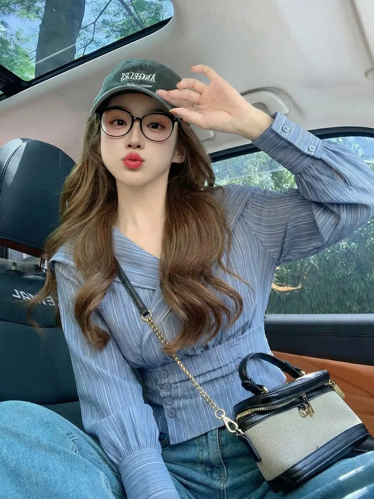 

Blue Slim Fit Long Sleeve V Neck Shirt Women's Spring New Design Structured Pleats Commute Style Korean Version Outerwear