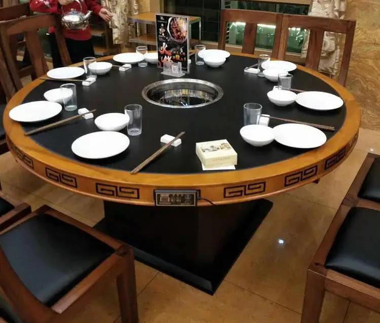 China Supplier Exquisite Carved Craft Metal Frame Restaurant Round Hot Pot Dining Wood Table