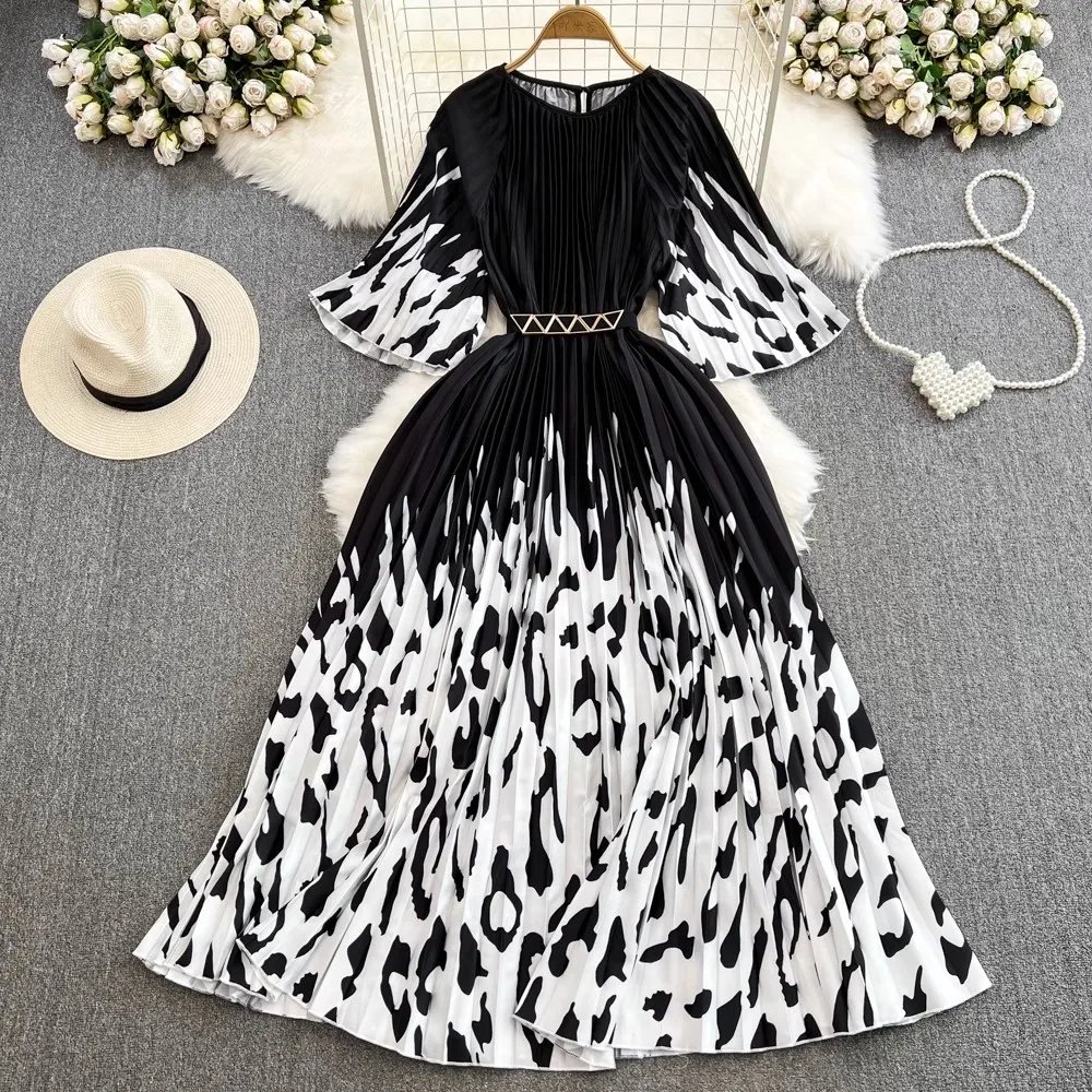 

2023 NewBohemian Leopard Print Holiday Beach Dress For Women Vitnage Contrasting Colors Short Sleeve Organ Pleated Long Vestidos