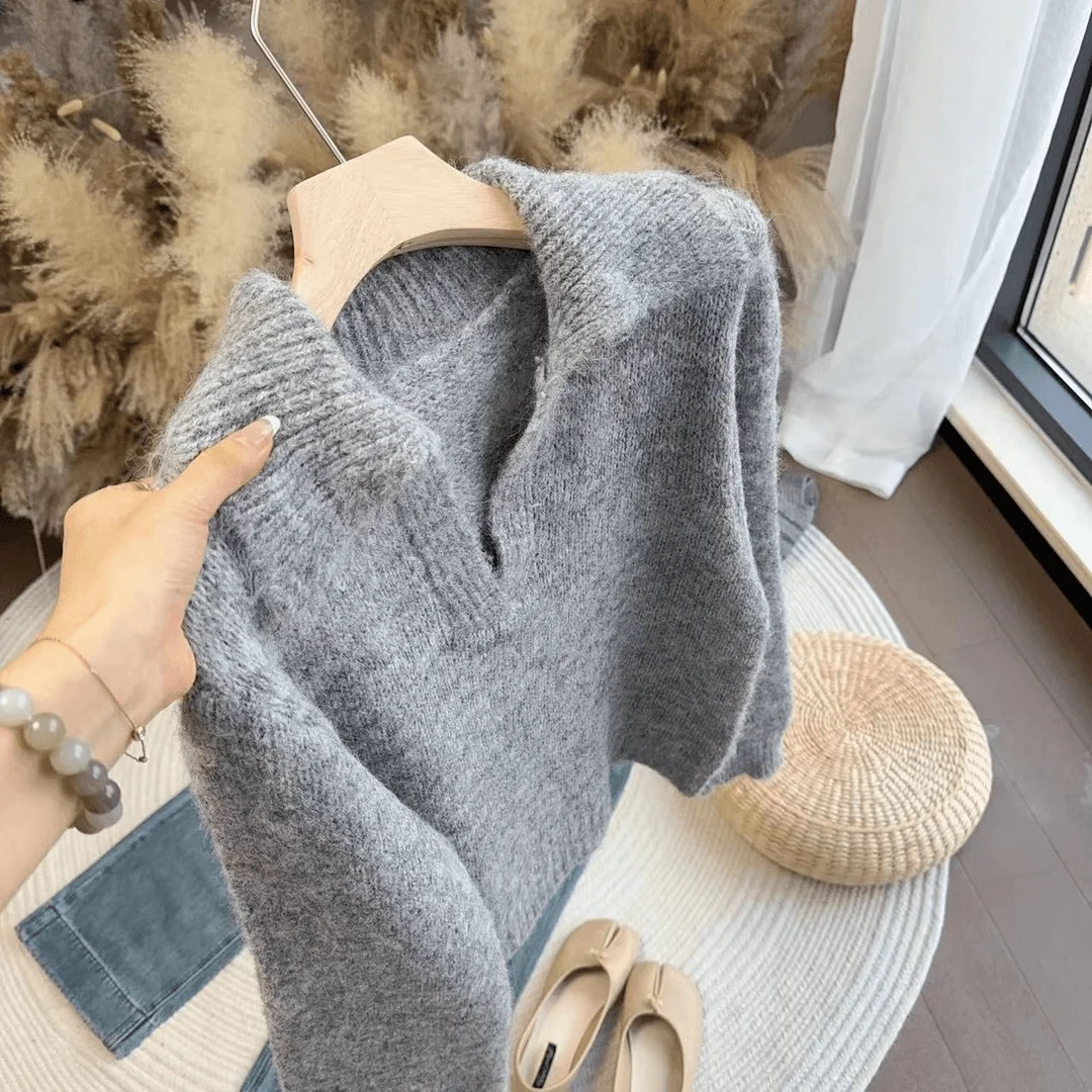 Women Autumn Winter Simplicity Solid Color Sweater Ladies Polo Collar Long Sleeve Knitwear Office Lady All-match Knitting Tops