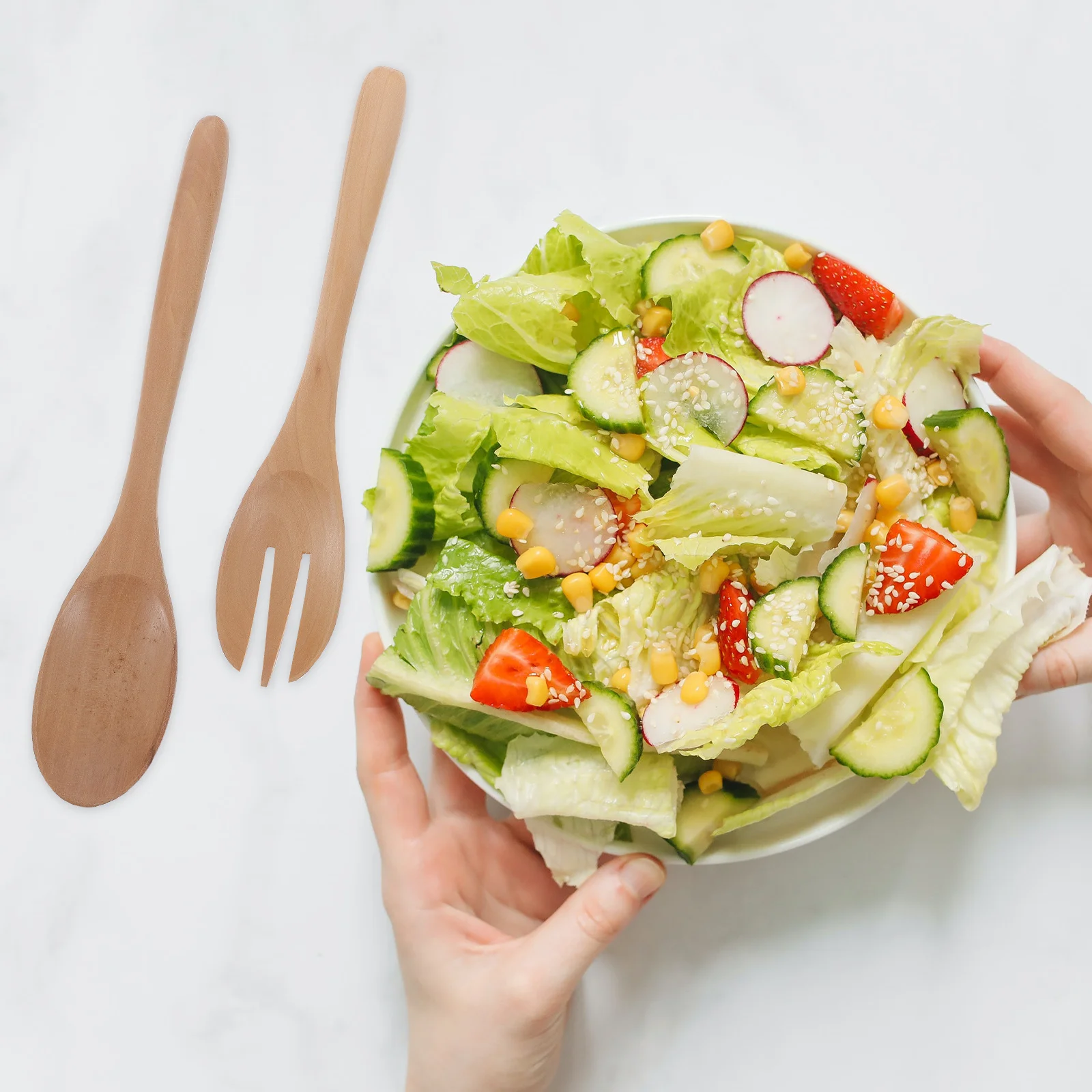 

1Set Salad Spoon and Fork Wooden Utensils Ecofriendly Premium Material Practical Long Handle Heat Insulation for Home