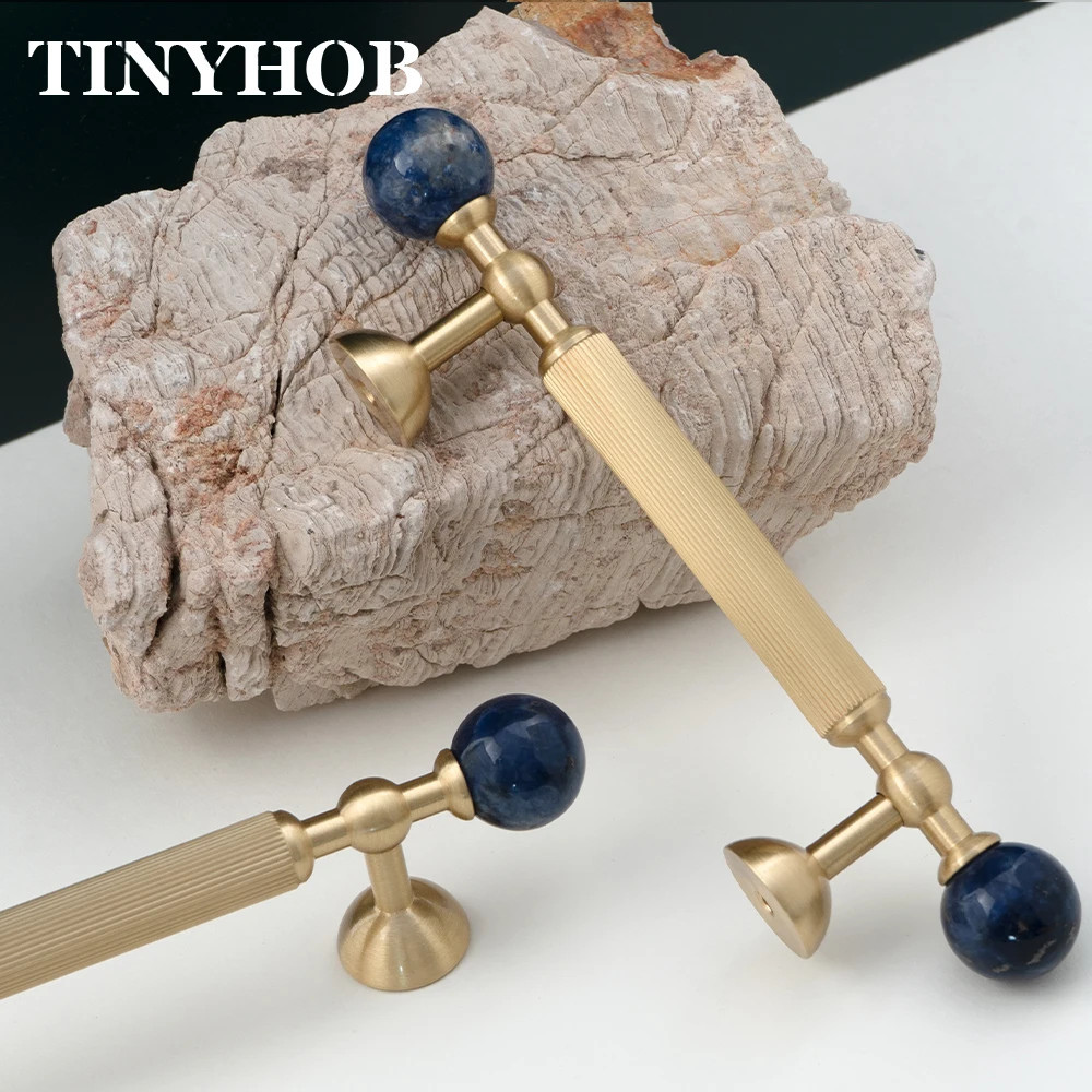 Natural Stone + Brass Cabinet Pulls European Style Blue  Ball Knobs Kitchen Cupboard Wardrobe Drawer Handles Furniture Hardware