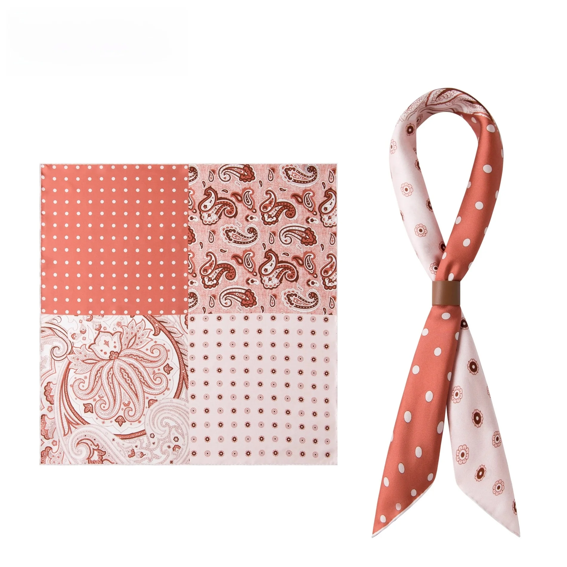 メンズオレンジチェック柄シルクスクエアスカーフ薄型スタイルスーツタイ英国風幾何学模様オールシーズン万能アクセサリー