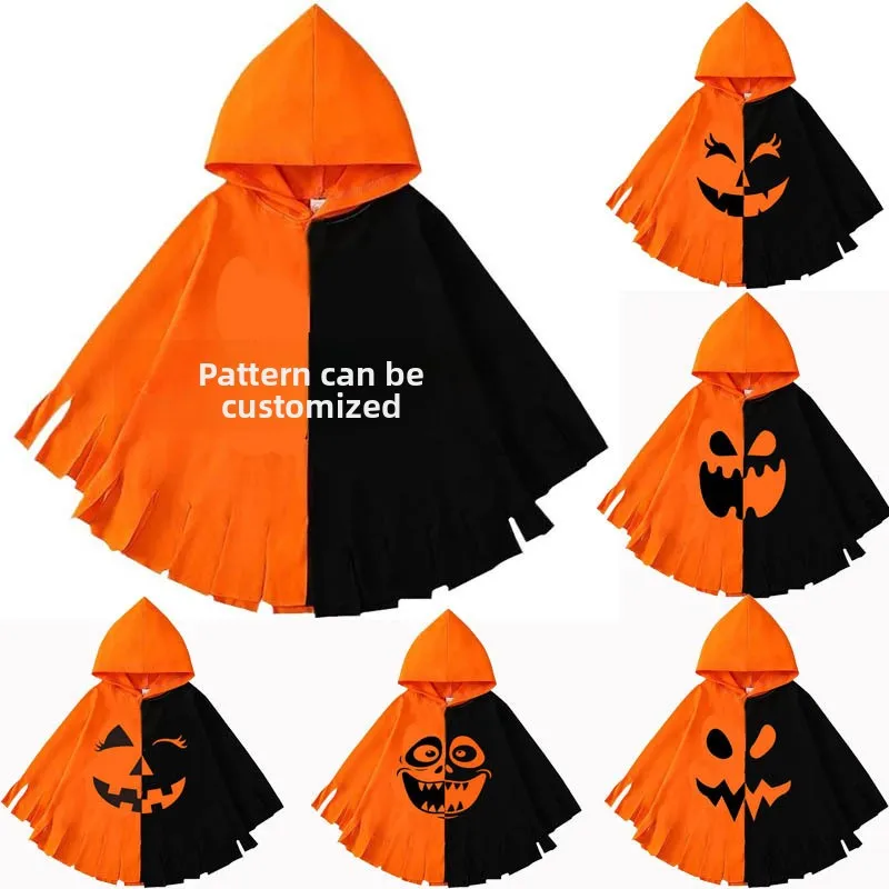 Custom Kids Halloween Patchwork Pumpkin Cloak Fun Printing Children Cosplay Costume with Hat Clothing Prop Ghost Face Shawl Gift