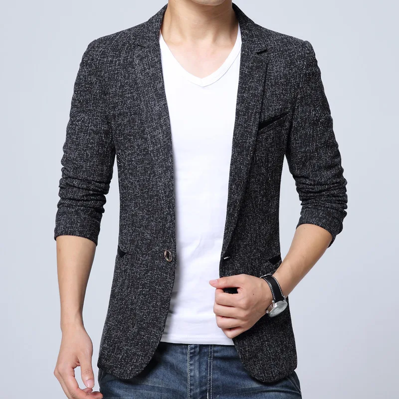 Men's Suit Jacket High-quality Linen Plaid Black Blue Gray Business Formal Fashion Slim Fit Blazer Single Button Chic Male Coats