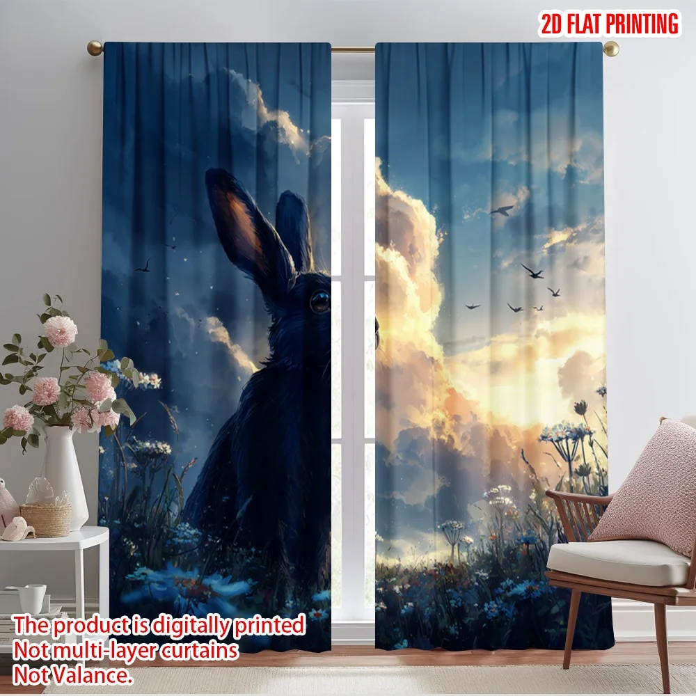 

2pcs 2D flat printing Window Treatment Curtains Black Rabbit Field Sky 100% Polyester Without Electricity Family Party for All