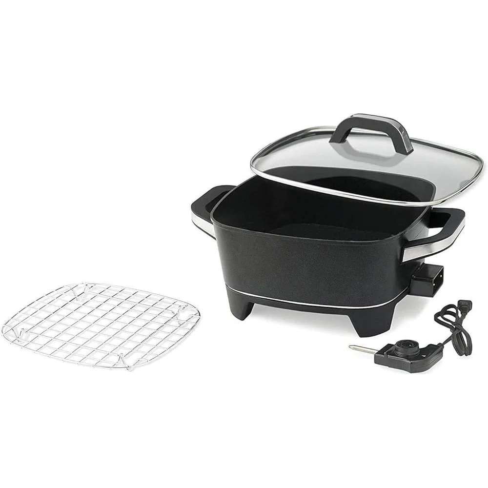 Elektrische Pfanne, 12 Zoll, antihaftbeschichtete Kochfläche, 1500 W, einstellbare Temperatur, tiefe Pfanne mit Glasdeckel, stabile Kühlgriffe