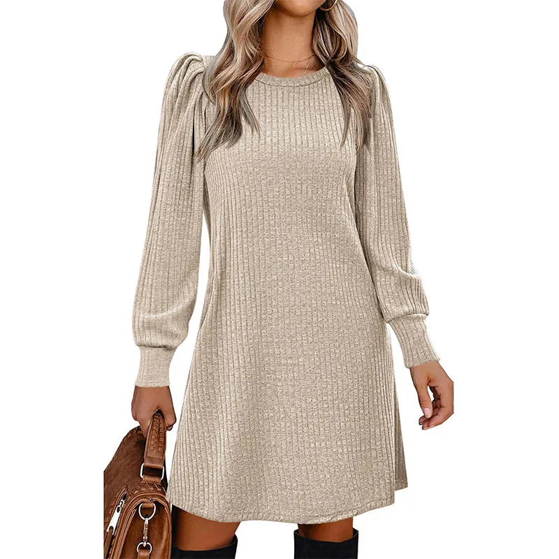 Autumn and Winter Style Grinding Pit Strip Solid Color Round Neck Puff Sleeve Mid-length Dress for Women