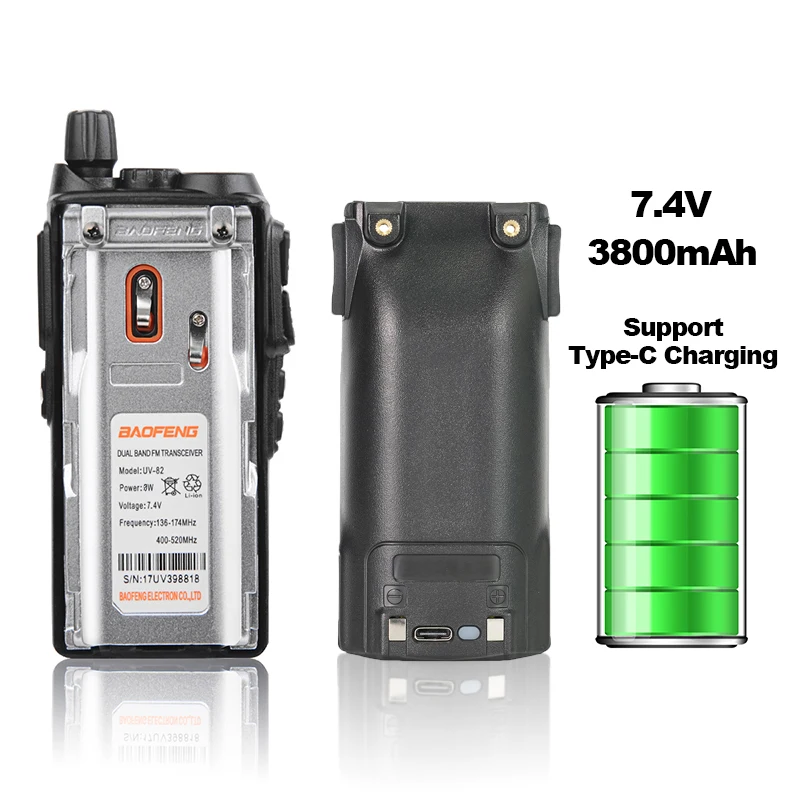 BAOFENG UV-82 Walkie Talkie Real 8W New Upgraded 3800mAh Thicken Battery Support Type-C Charging UV82 Dual Band Long Range Radio