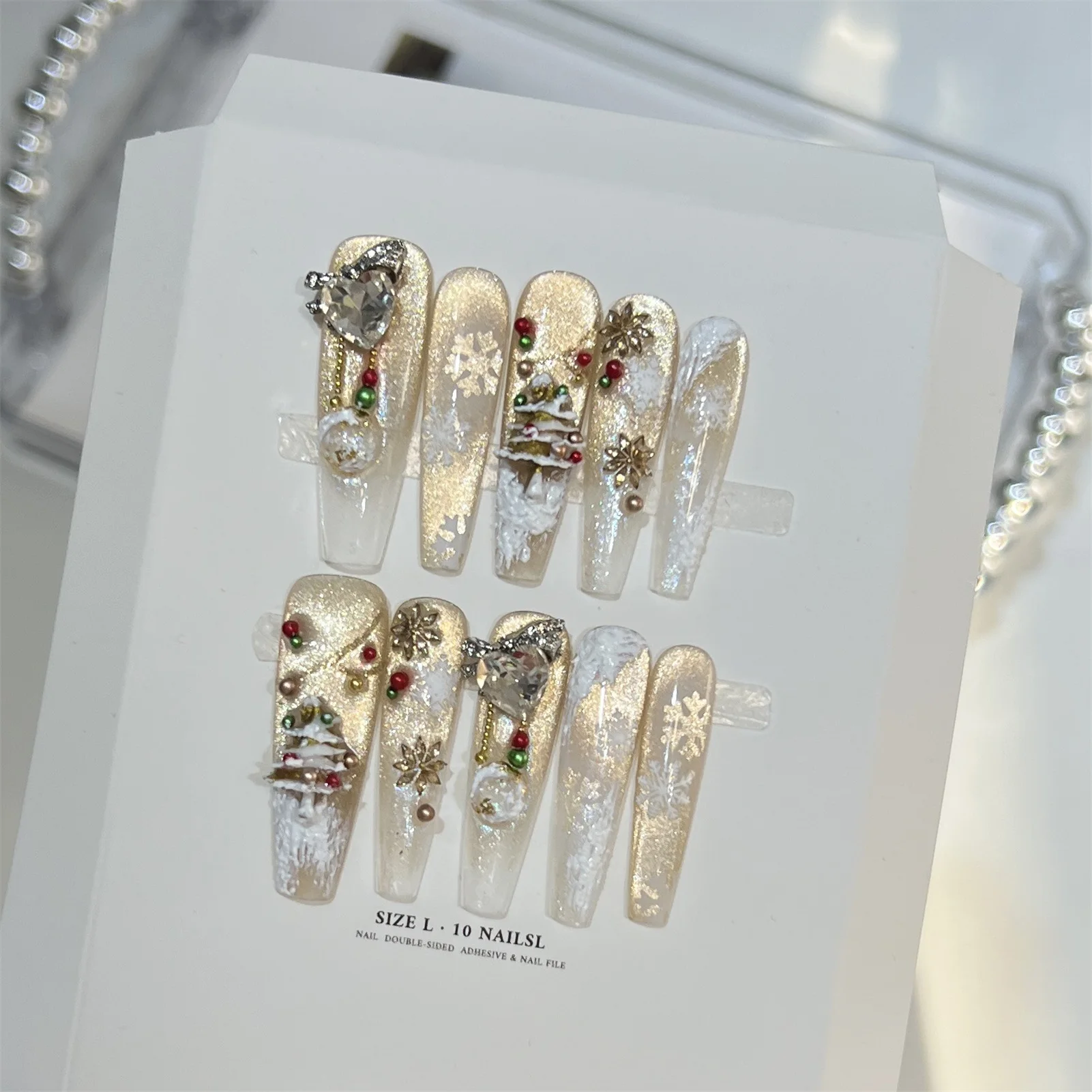10 Stück Eiskristall-Schneeflocken-französische Katzenaugen-Kunstnägel mit Schleifen-Design, wiederverwendbar, für Weihnachten, Urlaub, Party, Glam Nails