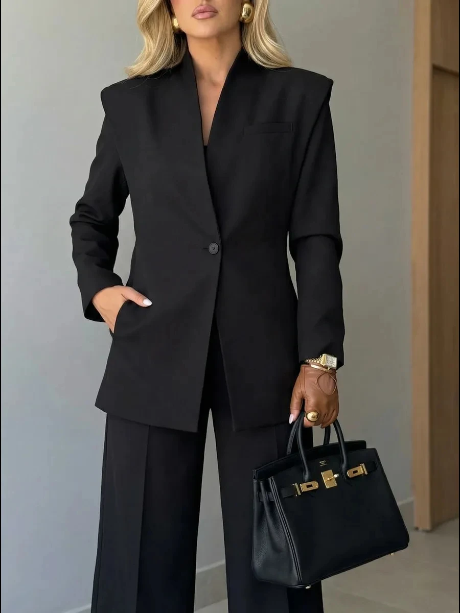 

2026 Spring Autumn Women Classic Elegant Blazer Wide Leg Pants Set Casual Commute Office Lady Two Piece Outfit