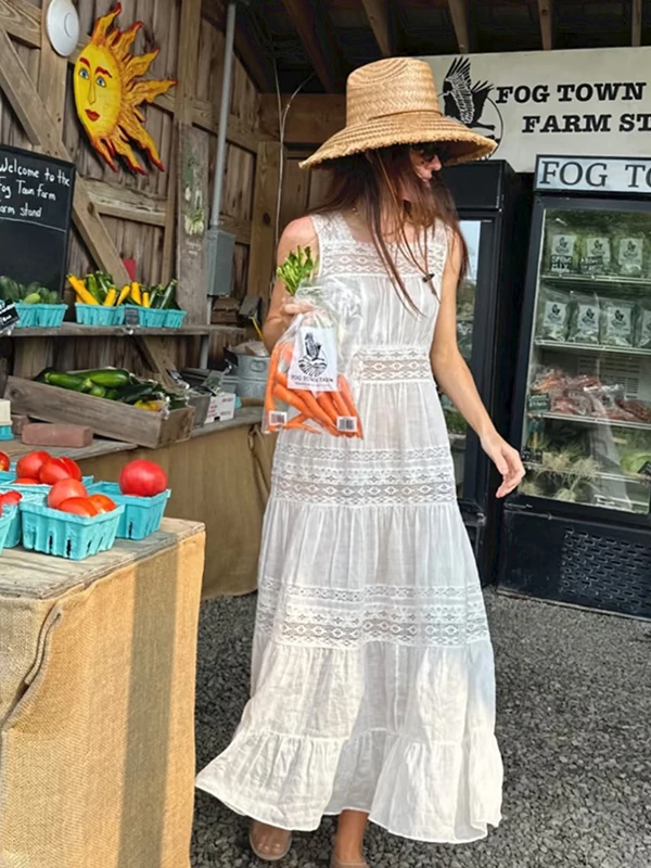 

Elegant Hollow out Lace Summer Dress Square Collar Multi Layer Splicing Waist Cinch Sleeveless a Line Skirt French Style
