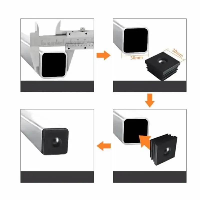 Plugues retangulares de tubulação com furo, plugue quadrado do tubo, tampa da mobília, altura ajustável, descanso para os pés, parafuso M8
