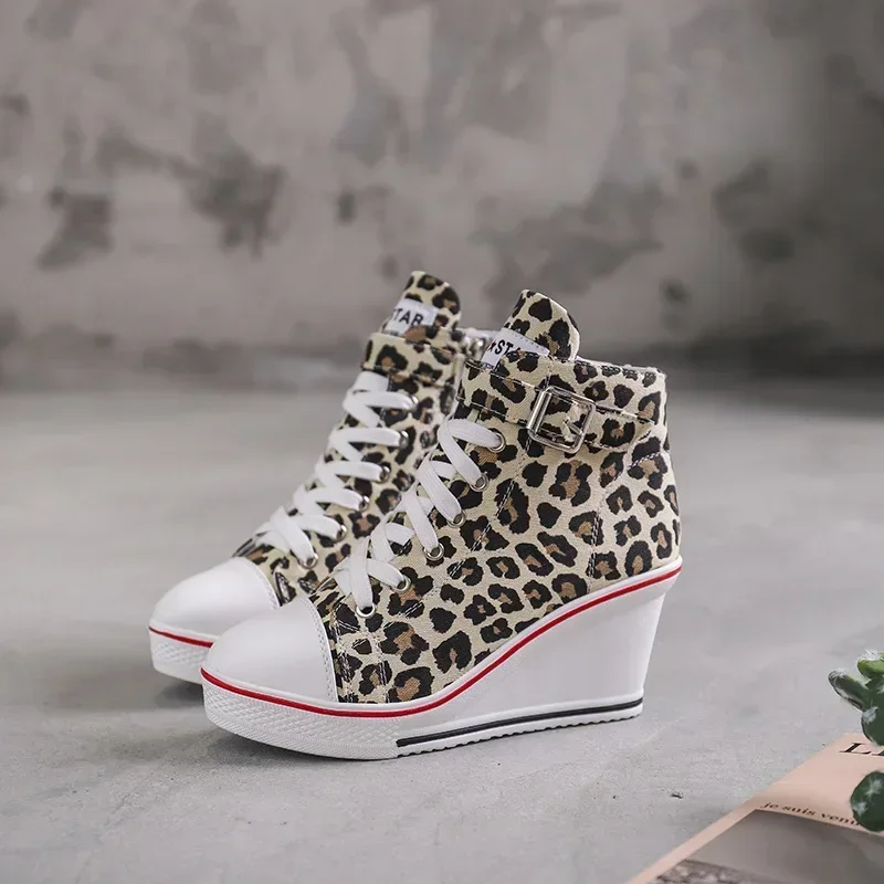 Leopard Wedge Platform Sneakers for Women, Lace Up, Vulcanized Shoes, Ladies\' Casual Sneakers, Autumn, New