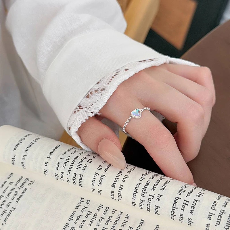 خاتم حقيقي من الفضة الإسترليني عيار 925 على شكل قلب وحجر القمر قابل للتعديل للسيدات الساحرة وإكسسوارات مجوهرات راقية عصرية رائعة