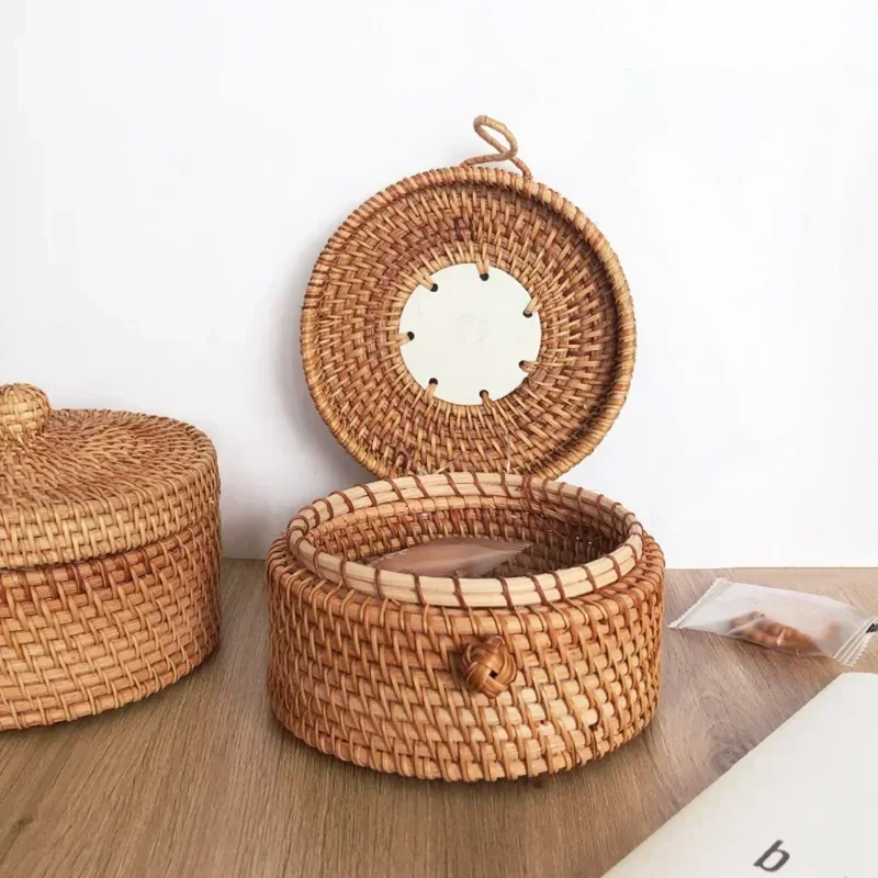 Handwoven Rattan Storage Box with Lid Wicker Tea Food Container Picnic Bread Fruit Cake Basket Kitchen Organizer B