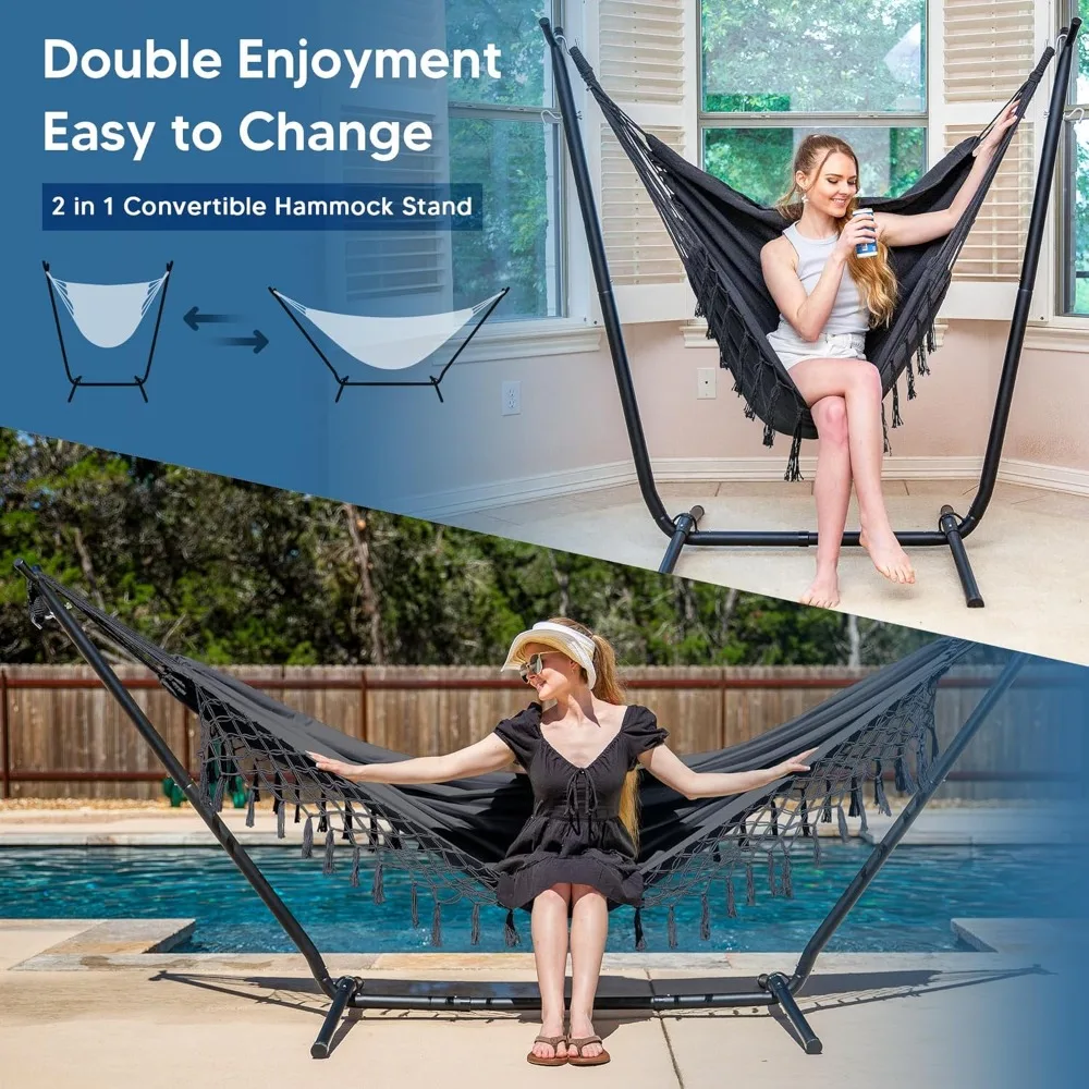 2-in-1 Convertible 2 Person Hammock with Stand Included, Best for Outdoor Indoor Backyard Garden, Portable Double Hammock