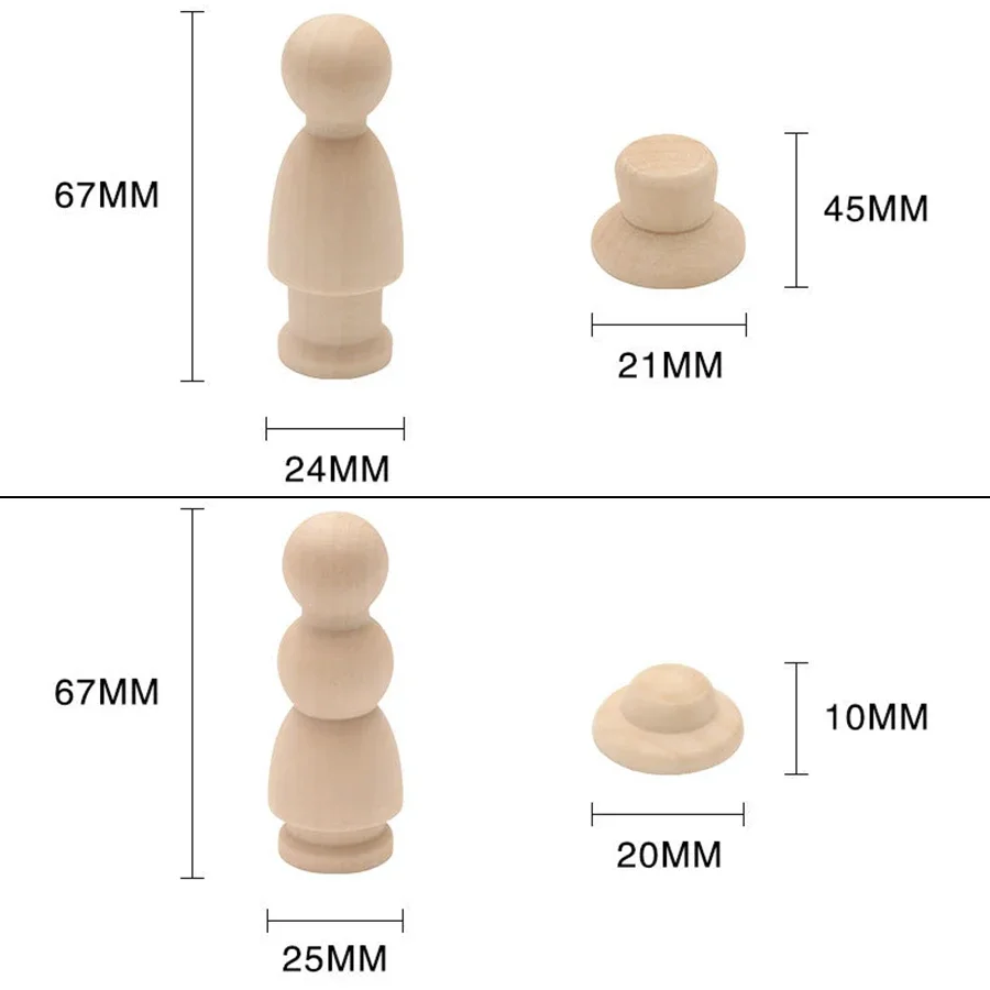 5pcs Unfinished Wooden Peg Doll and Hat Decorative Wooden Nail Dolls People Arts Crafts for DIY Painting Natural Wood Peg People