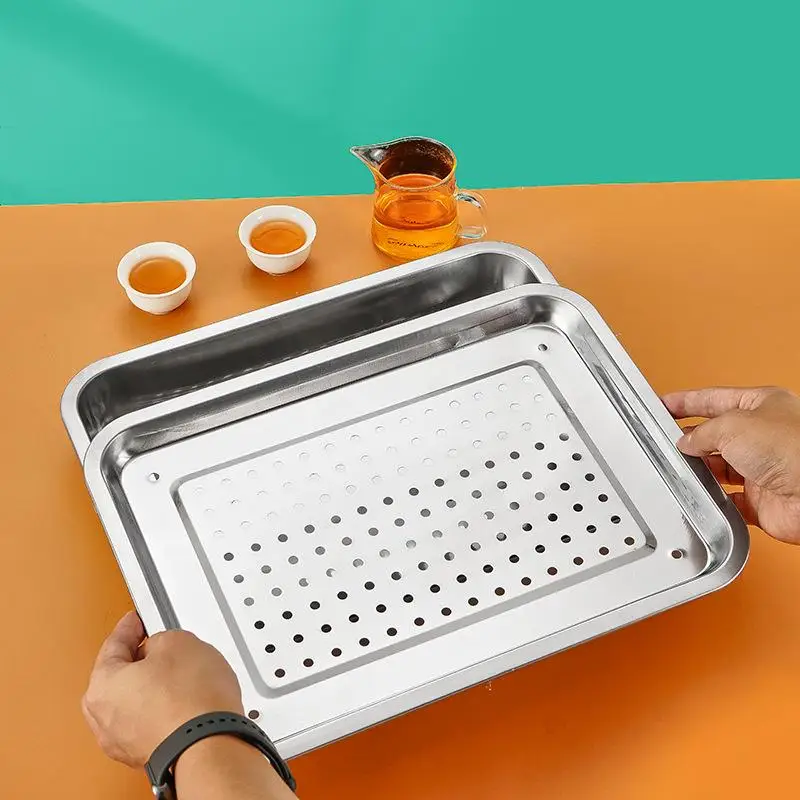 Stainless Steel Rectangular Tea Tray Dish Drainer Dumpling Water Filter Oil Control Tray Deep Steaming Plate Chinese Style Dish