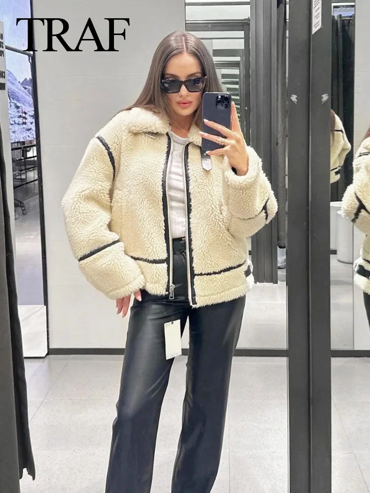 TRAFZA Woman\'s Winter Lamb Wool Jacket Coat White Turn-Down Collar Long Sleeve Pockets Zipper Thicken Coats Female Streetwear