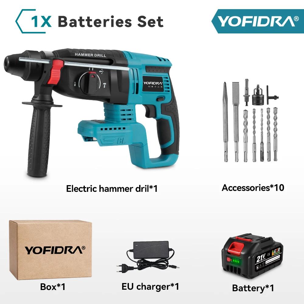 YOFIDRA Borstelloze Elektrische Boorhamer 26MM Multifunctionele Draadloze Oplaadbare Schroevendraaier Gereedschap Voor Makita 21V Accu
