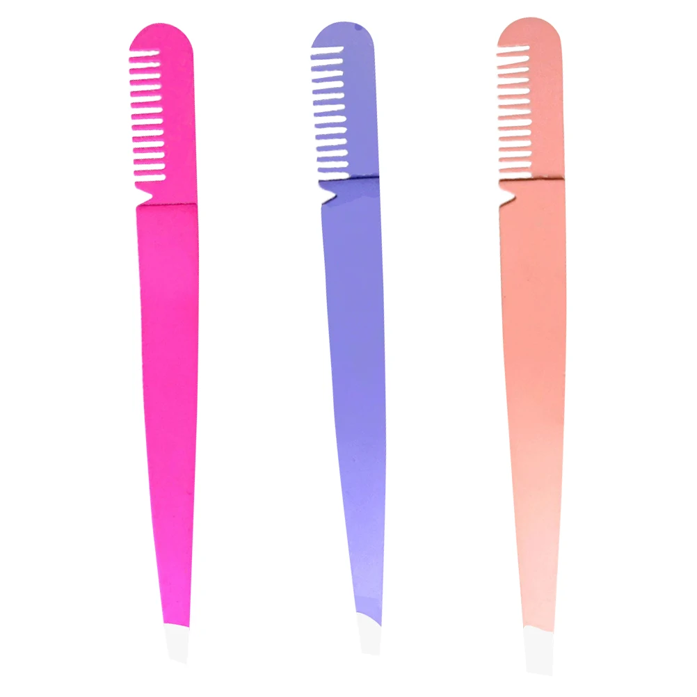 

3pcs Stainless Steel 2 In 1 Eyebrow Tweezer Comb Makeup Tools Eyebrow Trimming False Eyelashes Double Eyelid Clamps Lightweight