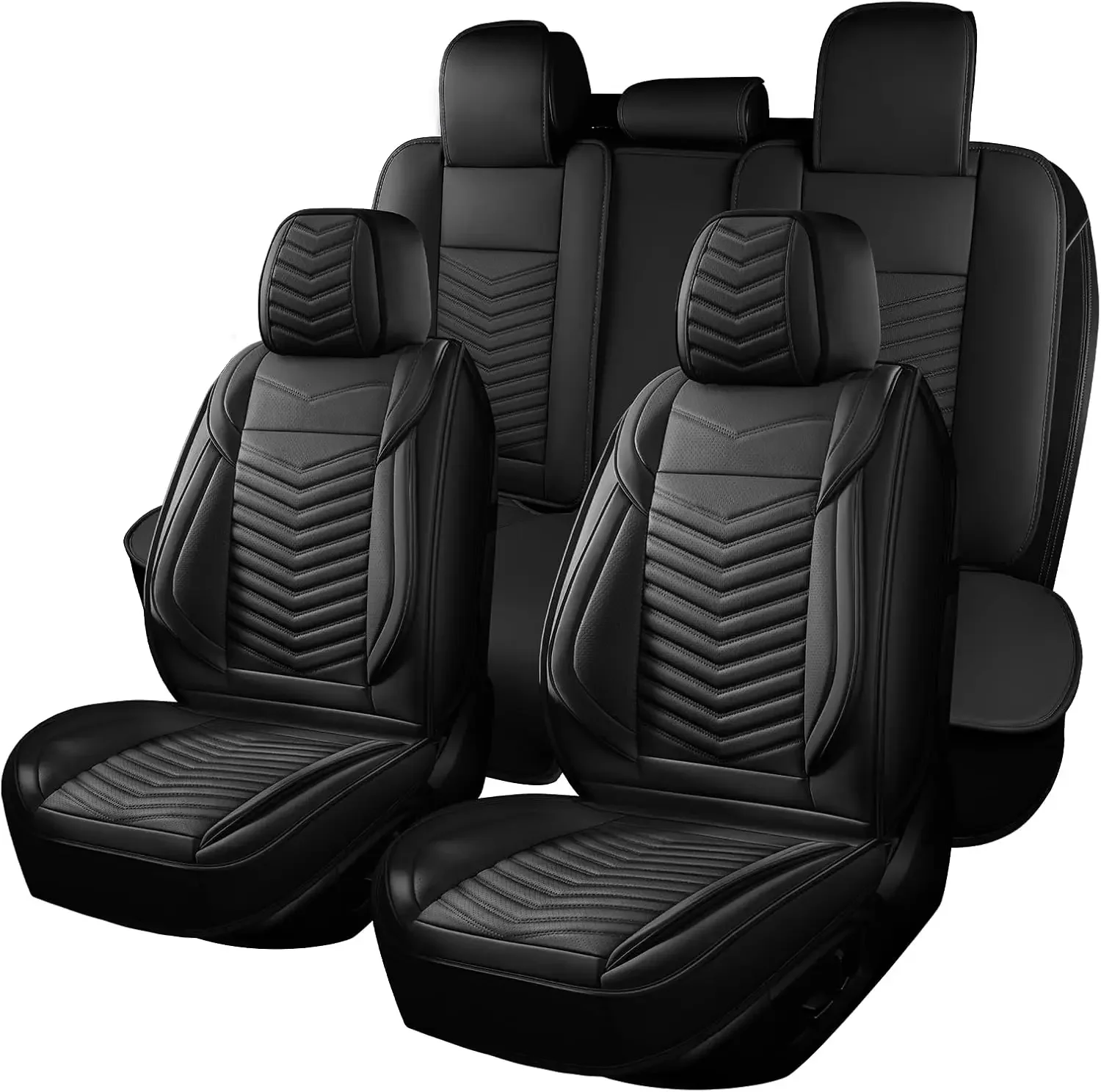 Nappa Leather Car Seat Covers Full Set, Black Car seat Protector 5 Seats, Waterproof Car Seat Cushion, Universal Automotive