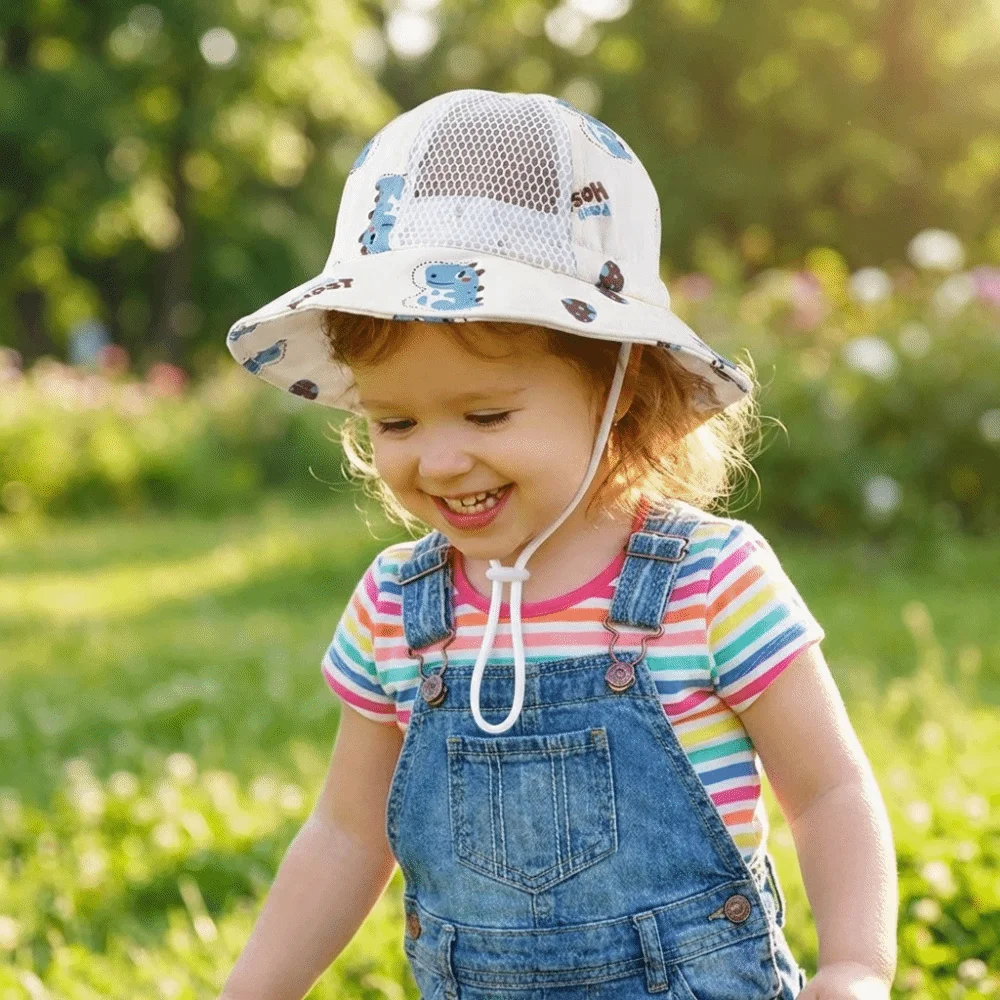 

Cartoon Baby Fisherman Cap Thin Material Breathable Sun Protection Hat Wide Large Brim Adjustable Dinosaur Print Bucket Hat