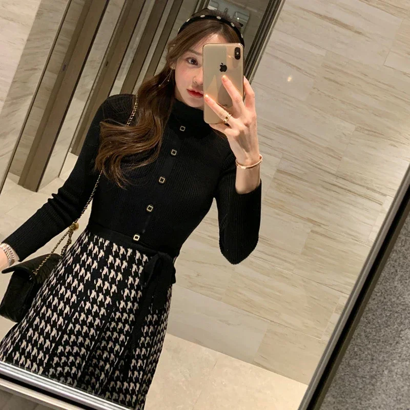 

Korean Elegant Knitted Sweater Plaid Patchwork Midi Dress for Women Long Sleeve O-neck Bird Lattice Bow Pleated Dress Winter New