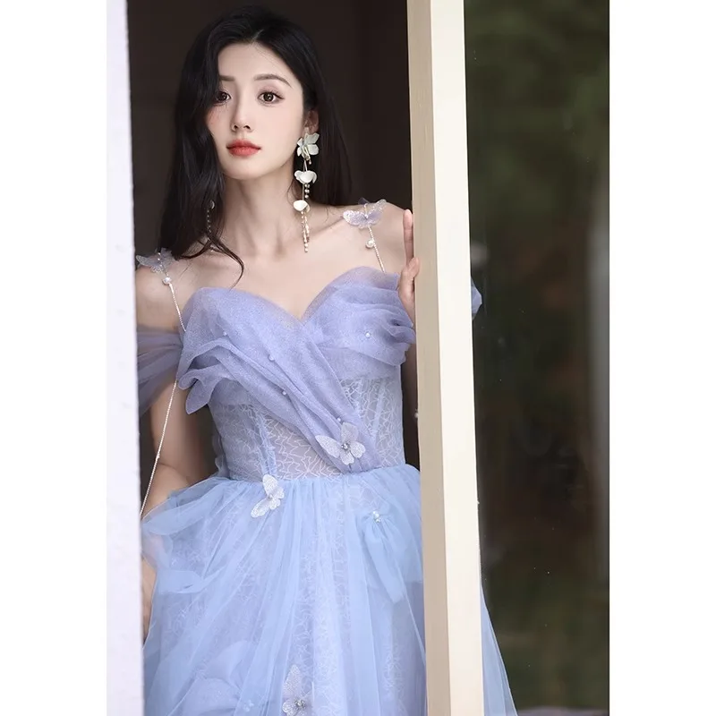 

Banquet Evening Dress For High-end Women Adult Princess Fluffy Blue Boat Neck Toasting Gown 2024 New Elegant Gorgeous Ball Dress