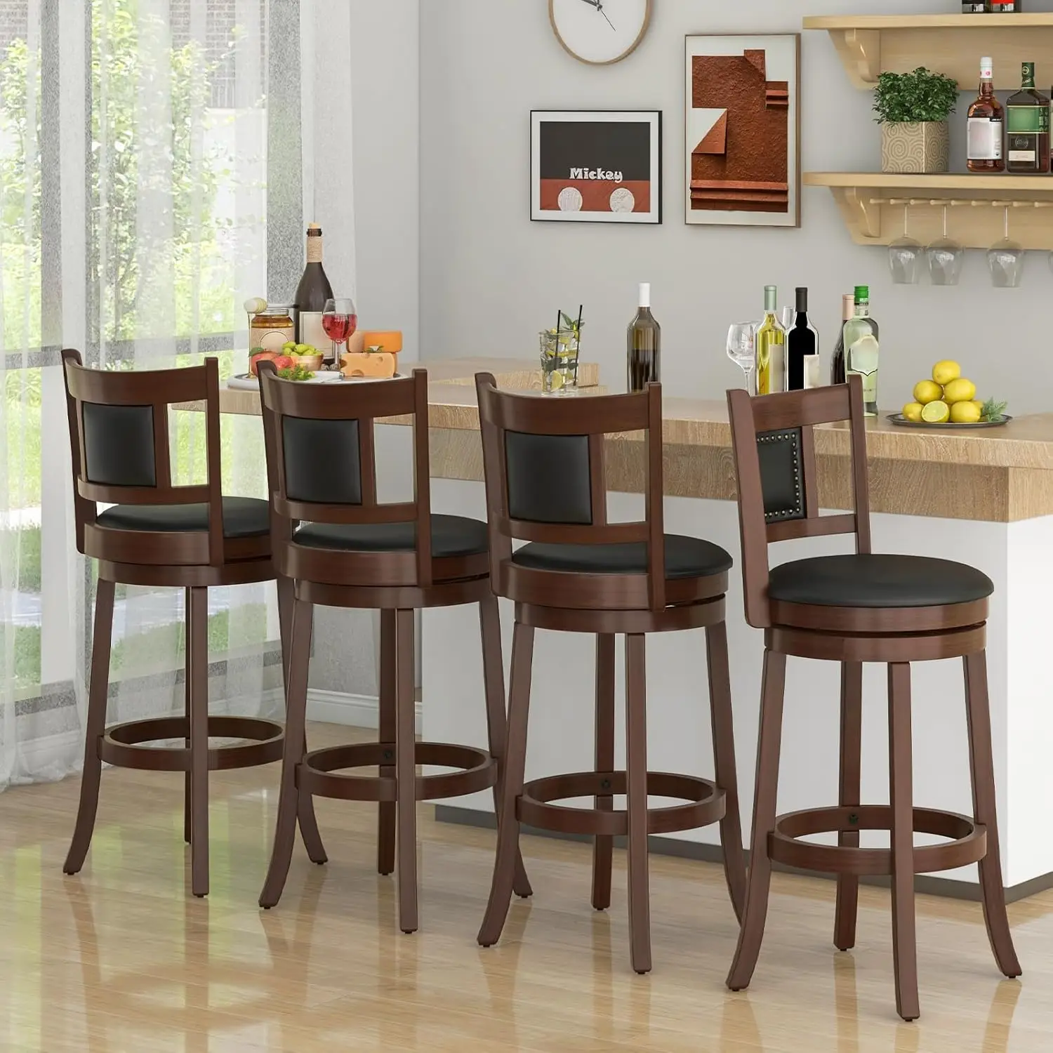 COSTWAY Bar Stools Set of 4, 30.5” Swivel Upholstered Bar Height Bar Stool w/Curved Backrest & Cushioned Seat, Solid Rubber Wood