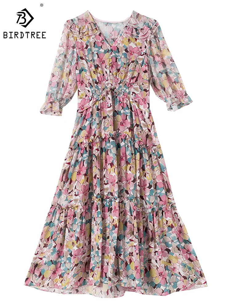 

Birdtree 100%Mulberry Silk Floral Long Dresses V Neck High Waist Ruffled Half Sleeve Fairy Woman Dress Summer Spring D37463QM