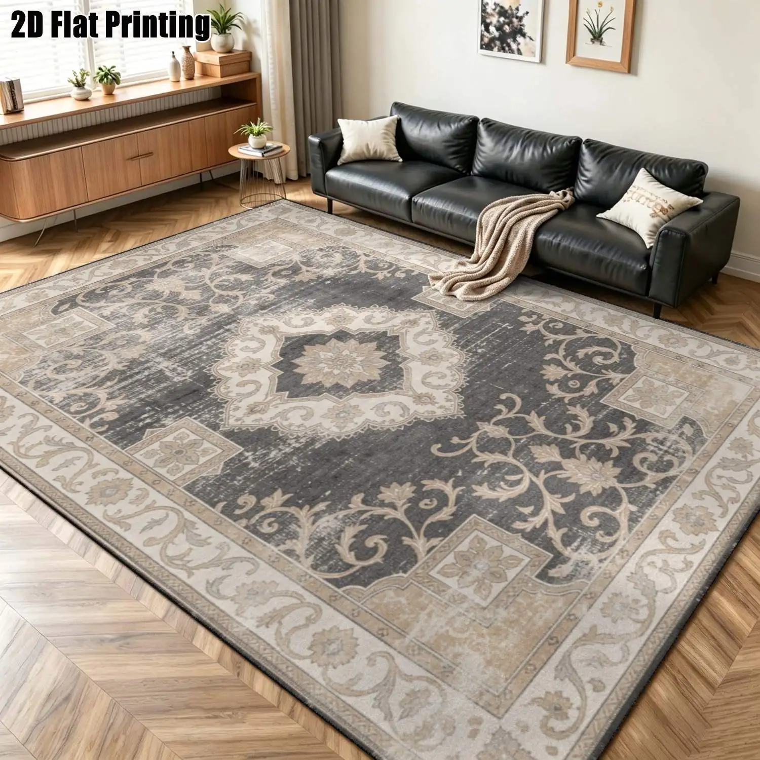 1Pc 2D Printed Gray-Brown Retro Floral Carpet: European-Style, Retro, Geometric, Bohemian Floor Mat, Home Decor, Multi-Size, Machine Washable, for Entrance, Living Room, Bedroom, Dining Room, Foyer