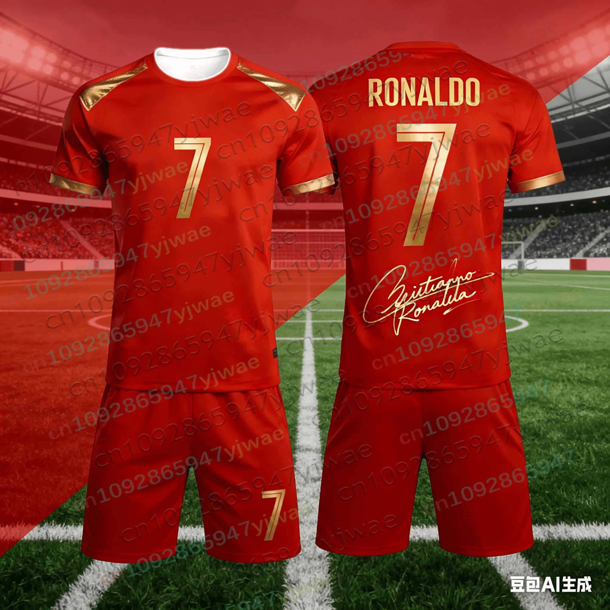 Sonderedition Ronaldo Nr. 7 Fußballtrikot T-Shirt Shorts Set Damen Herren Sportbekleidung Harajuku Sommer Casual Kinder T-Shirt oder 2-teiliges Set – Detail 5