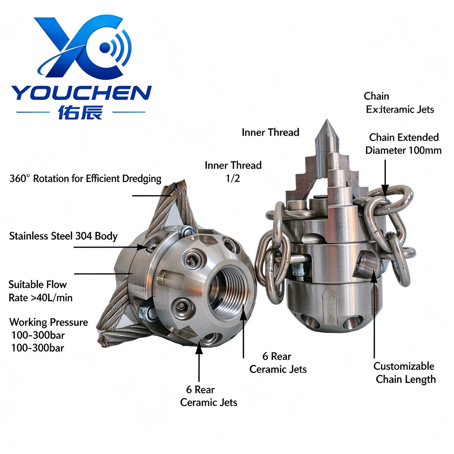 English: High Pressure Sewer Jetter Nozzle, Rotating Chain Cleaning Nozzle, Stainless Steel Pipe Blasting Nozzle for Removing Gr