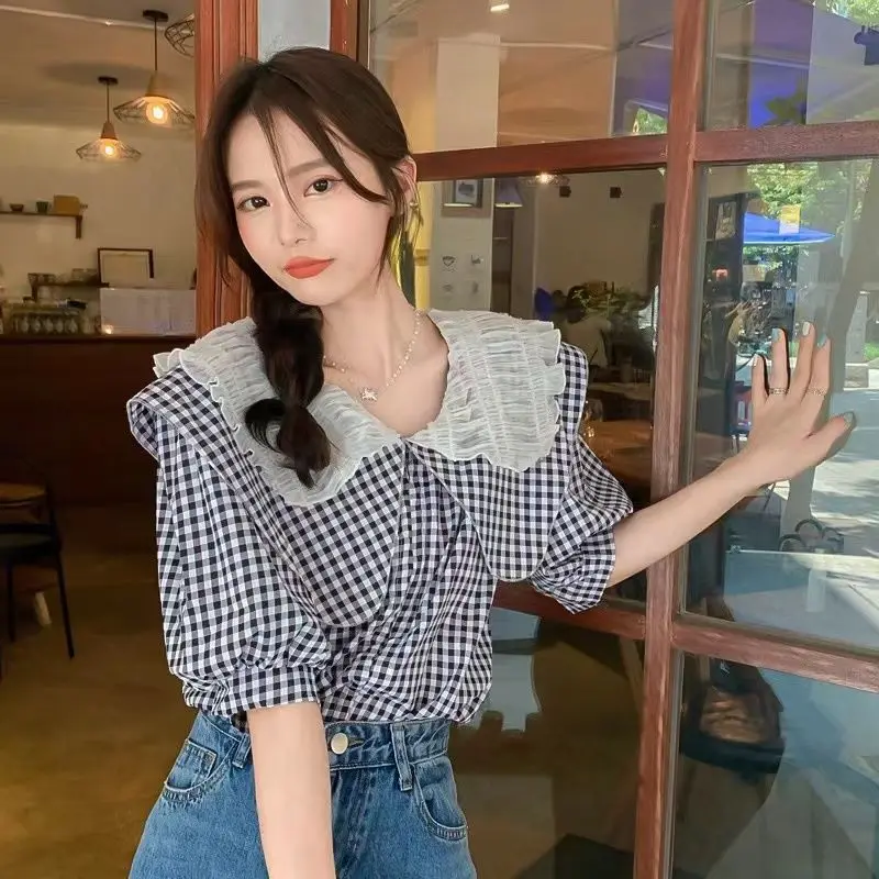 

Gagarich Sweet Blouse 2025 Chic Top Fairy Like Design Niche T-shirt Plaid French Doll Collar Women Summer Clothes