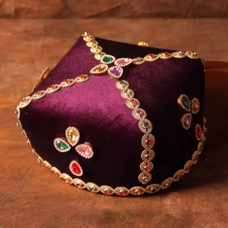 Chinese Xinjiang Uyghur Diamond Studded Four Cornered Hat Performance Costume Accessories Headwear