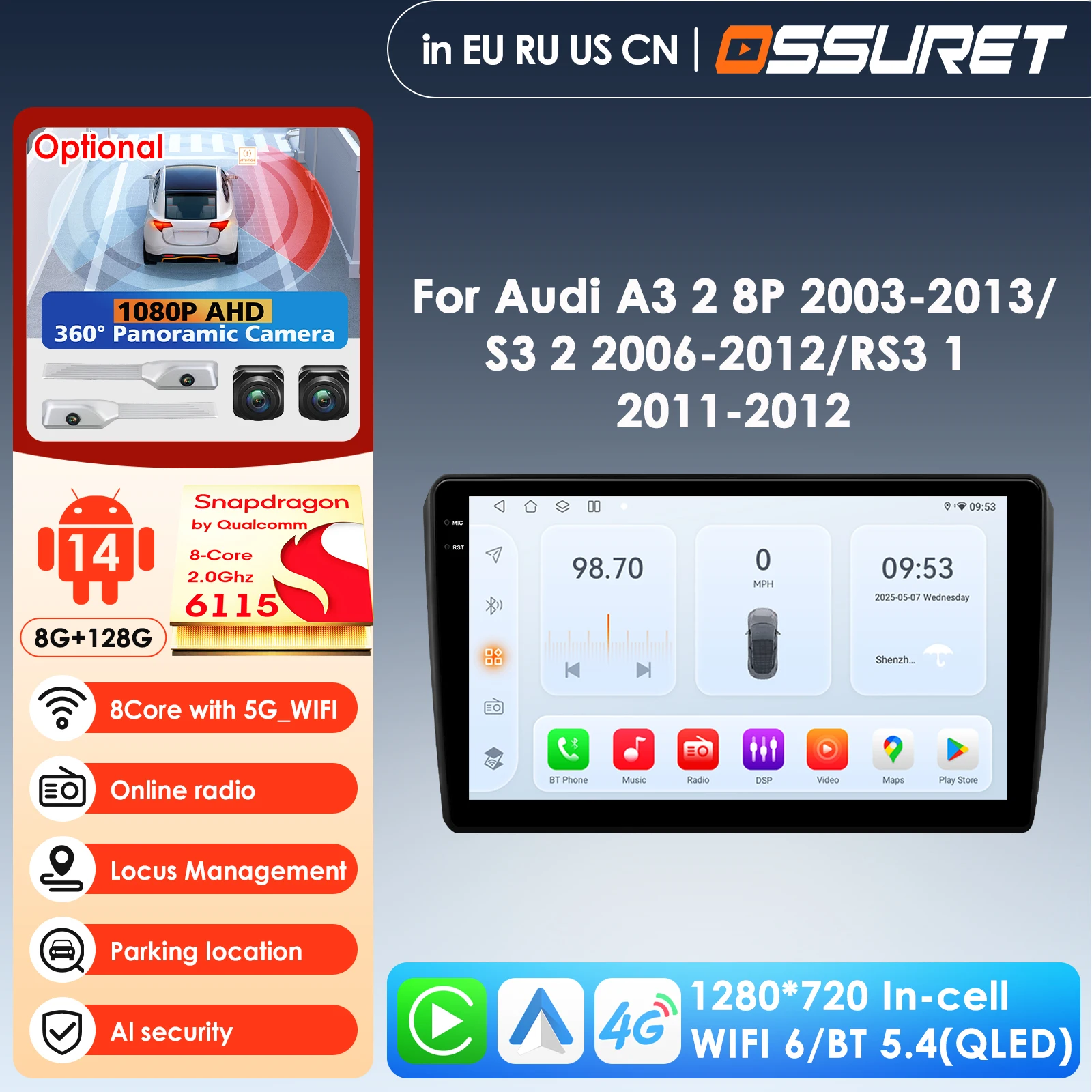 64G 4G-LTE Carplay AutoRadio 2 Din Android 14 Car Stereo with Screen GPS for Audi RS3 Sportback A3 8P S3 2003-2012 Multimedia BT