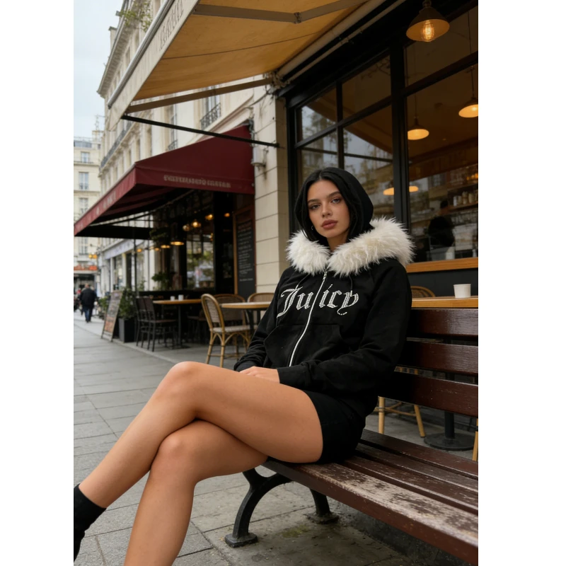 

Autumn and winter new women's clothing slim fit and slimming fur collar Y2K fashion personality hooded zipper sweatshirt