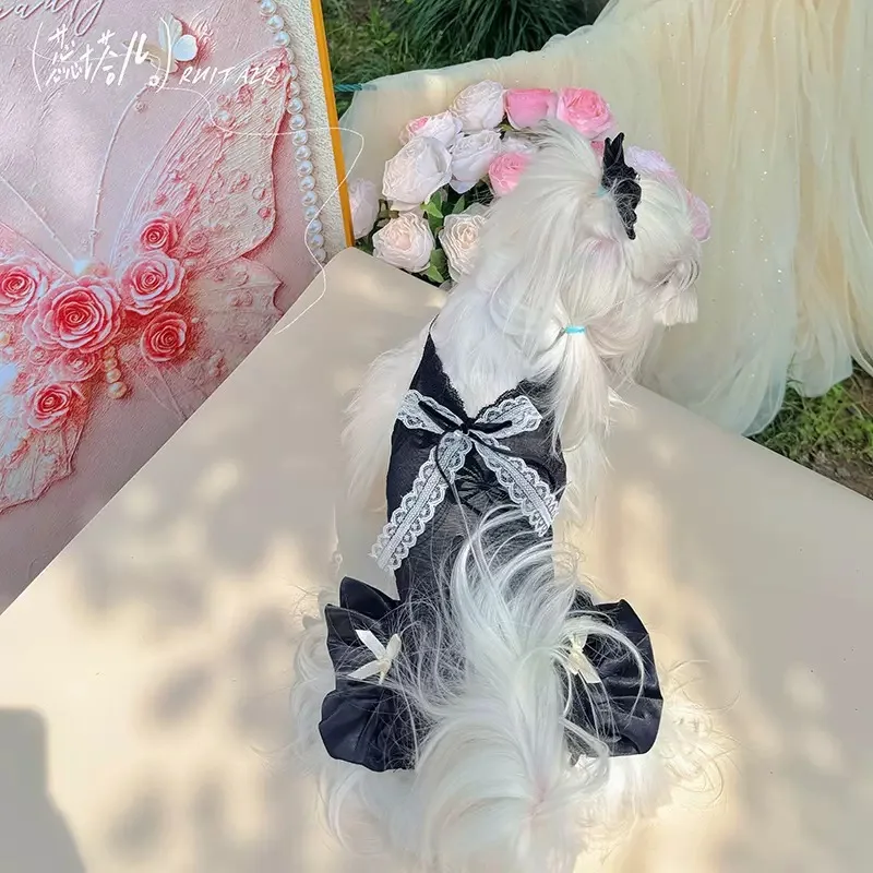 Summer Black White Sling Lace Pet Dog Clothes Pet 4-Legged Jumpsuit Lightweight Breathable Summer Dog Outfit
