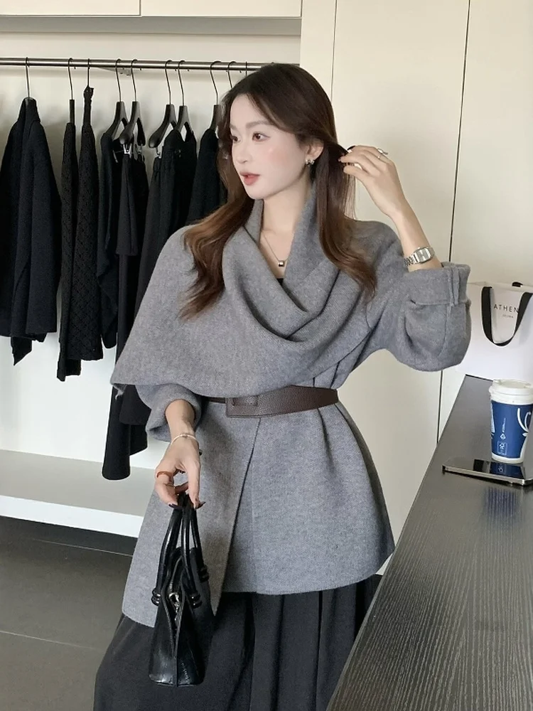 Korean Sle Lazy Knitted Cardigan Coat with Scarf Ne Aosphere Sense Belted ort Outerwear Commute Sle Polyester Fiber