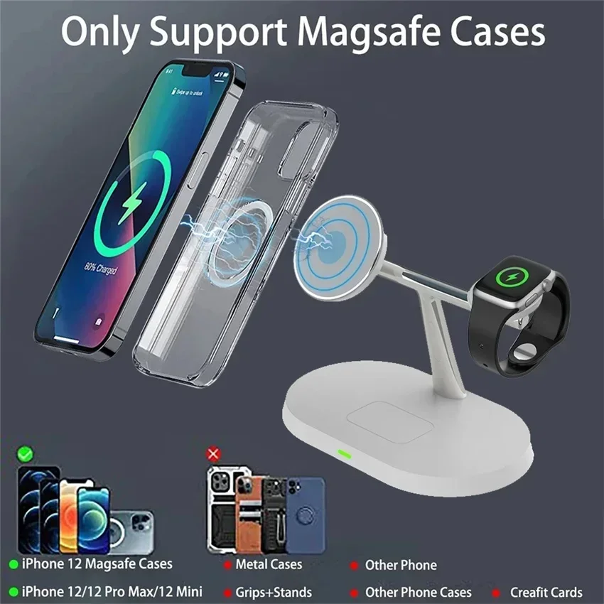 Magnetic Wireless Charger Stand for iPhone 15 14 13 12 Pro Max Apple Watch 9 8 7 Airpods Pro 3 In 1 Fast Phone Charging Sation