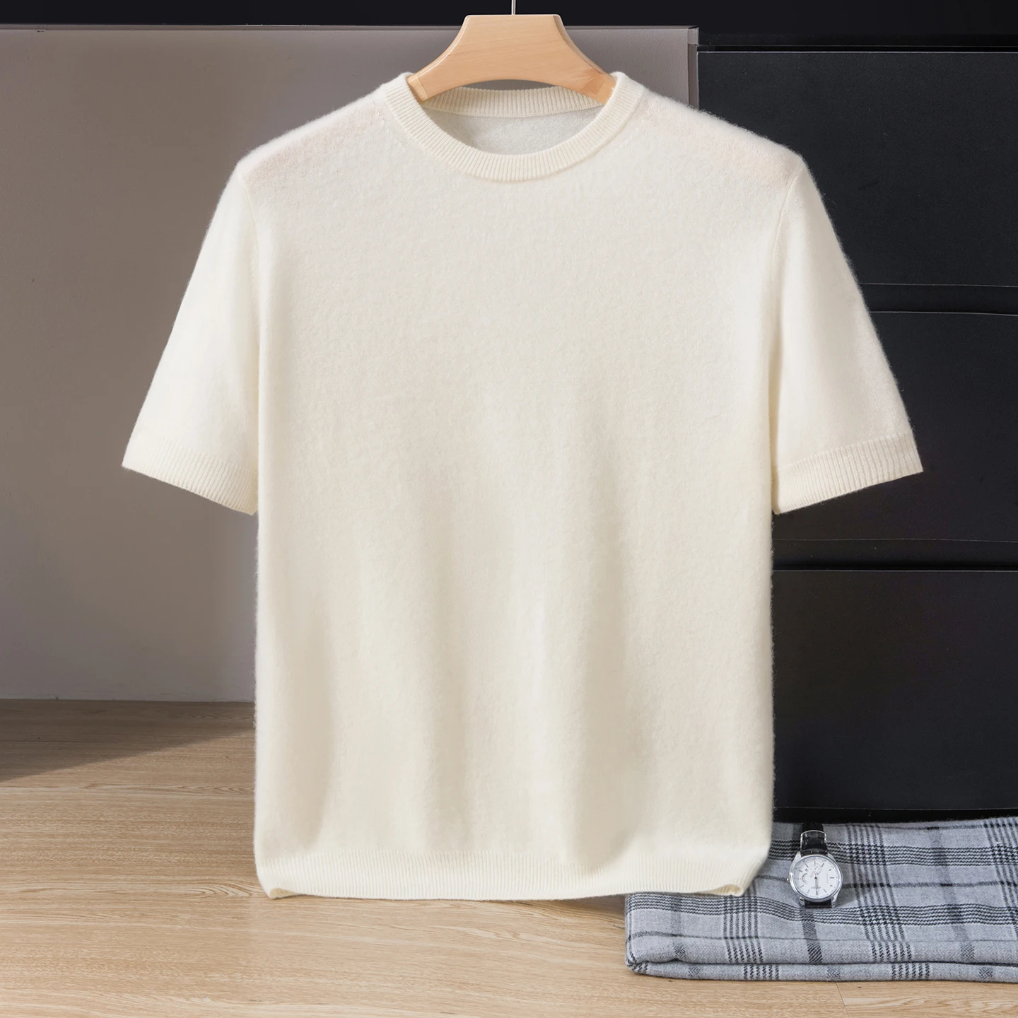New Spring And Autumn 100% Cashmere Men'S Short-Sleeve Round-Neck Fashion Casual Base Shirt Versatile Knit Pullover