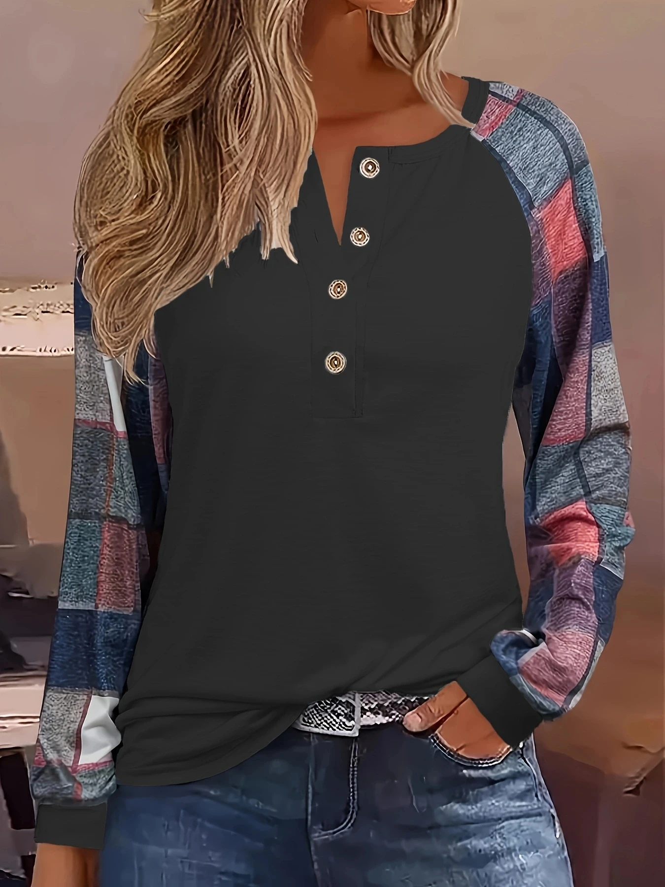 2024 Hot Selling Summer New Arrival Long-sleeved T-shirt Buttons Color Blocking Loose Casual Tops for Women Clothes Prom T-shirt