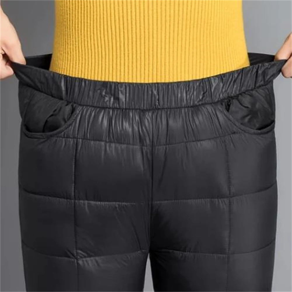 70% pantaloni in cotone bianco in piuma d'anatra pantaloni a vita alta con piedi di fagiolo pantaloni della tuta della mamma abbigliamento invernale da neve spesso caldo antivento