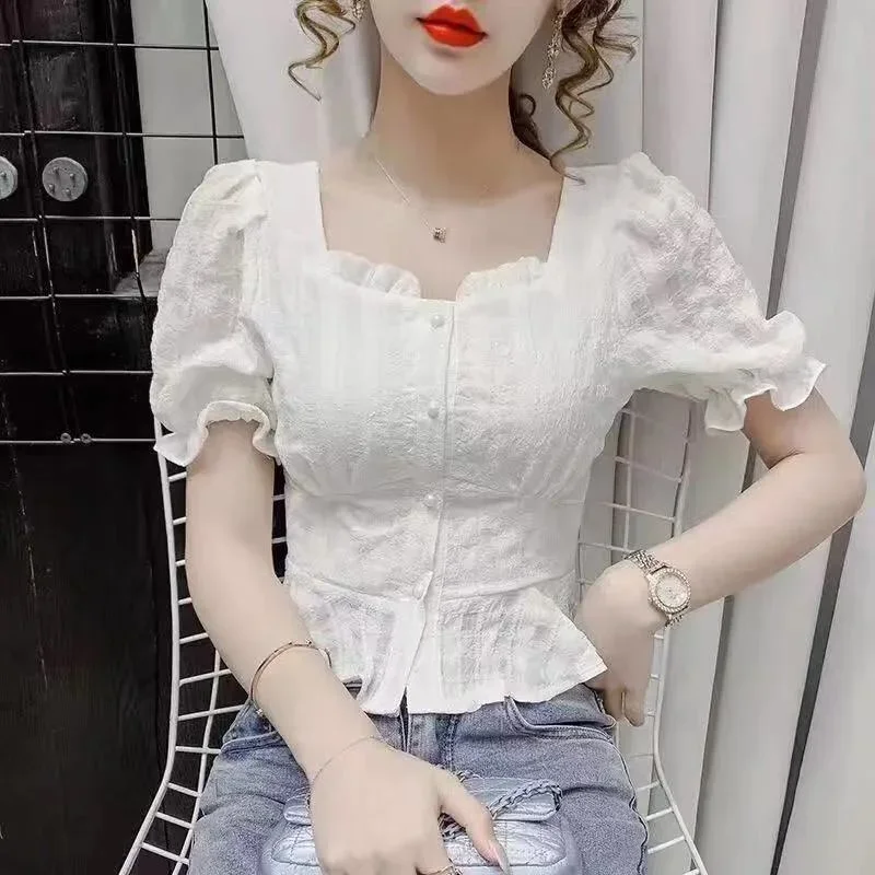 

Top for Woman Frill Button Up Women's Shirts and Blouses Chiffon Clothing with Puffy Sleeves Ruffle White Offer Free Shipping M