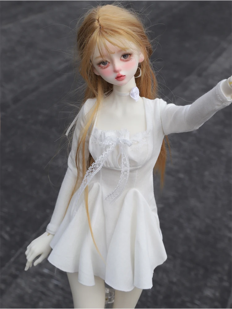 D09-P288 children handmade toy   1/4 MSD 1/3 BJD Doll clothes long sleeve White lace bow dress 1pcs